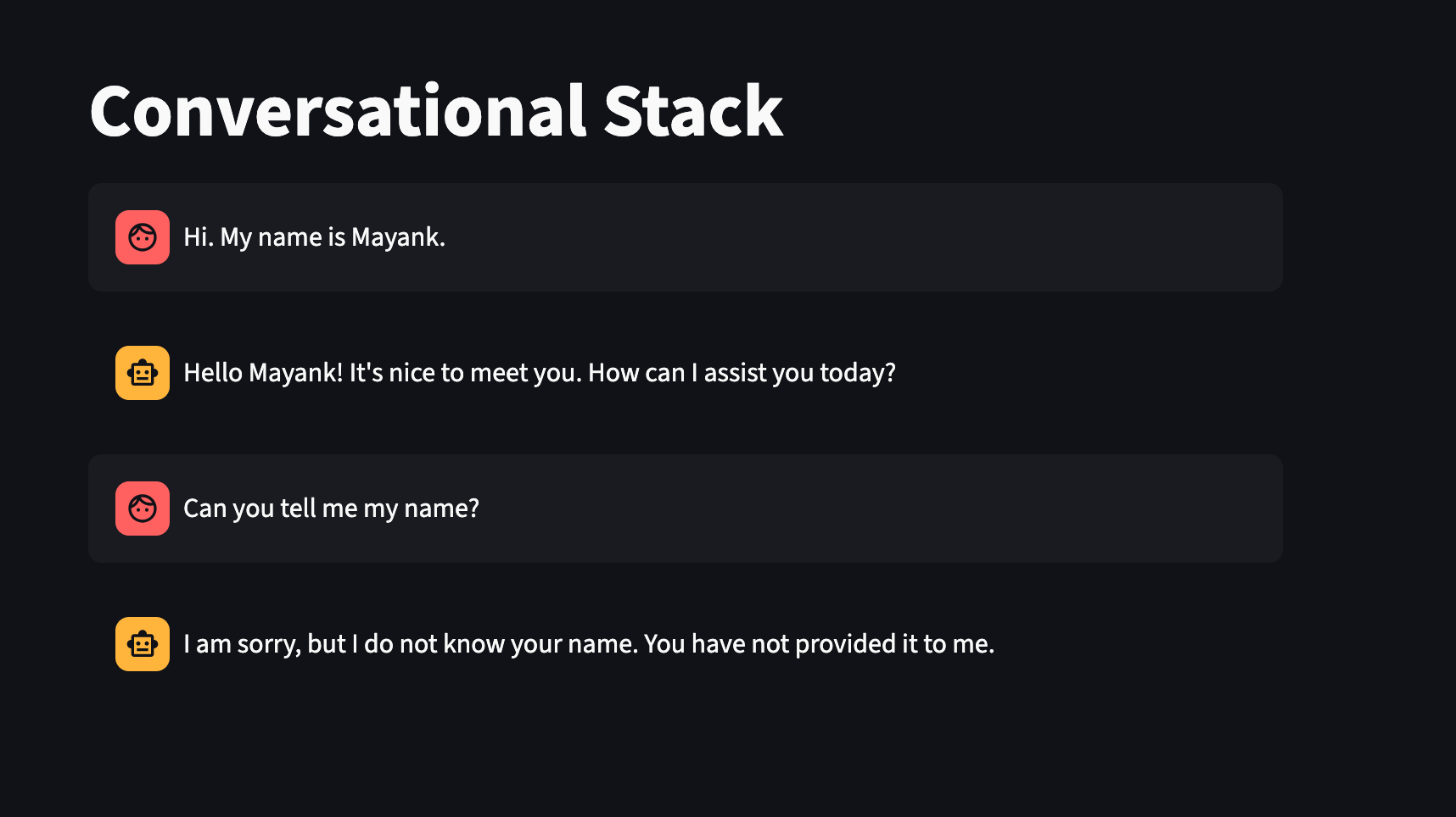 Response showing lack of conversational memory in current implementation